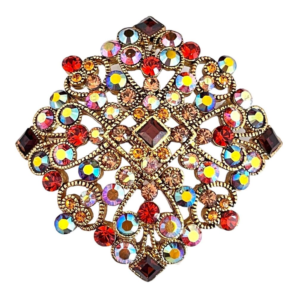Vintage 1980s Joan Rivers Rhinestone Brooch Antique Gold Tone Signed - 1W